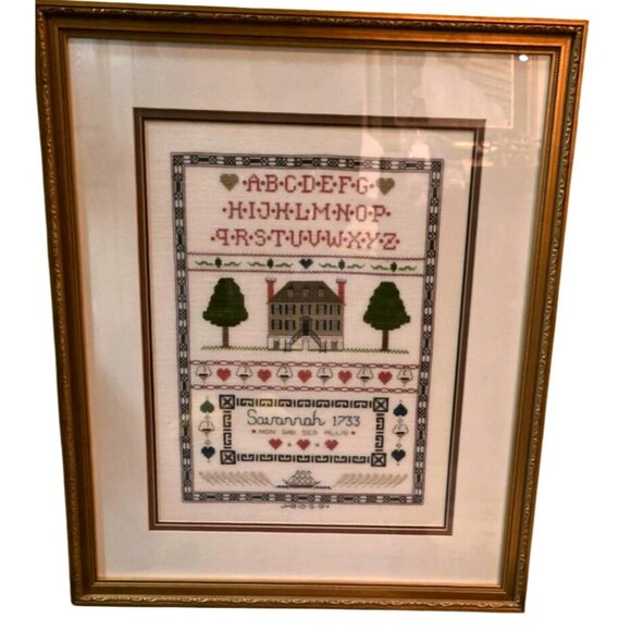 Cross Stitch Handmade Framed Savannah 1733 Alphabet House Design 19x23" Inches - Picture 2 of 6
